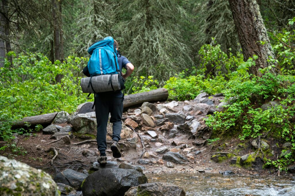 Hiker walking through lush forest scenery with a backpack and camping gear.